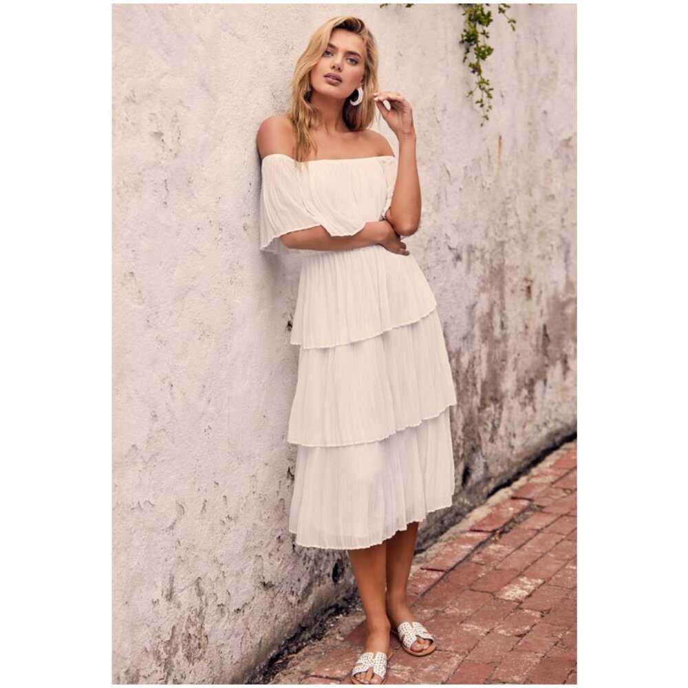 Lulu's Gala Ready White Off-the-Shoulder Ruffle Midi Dress